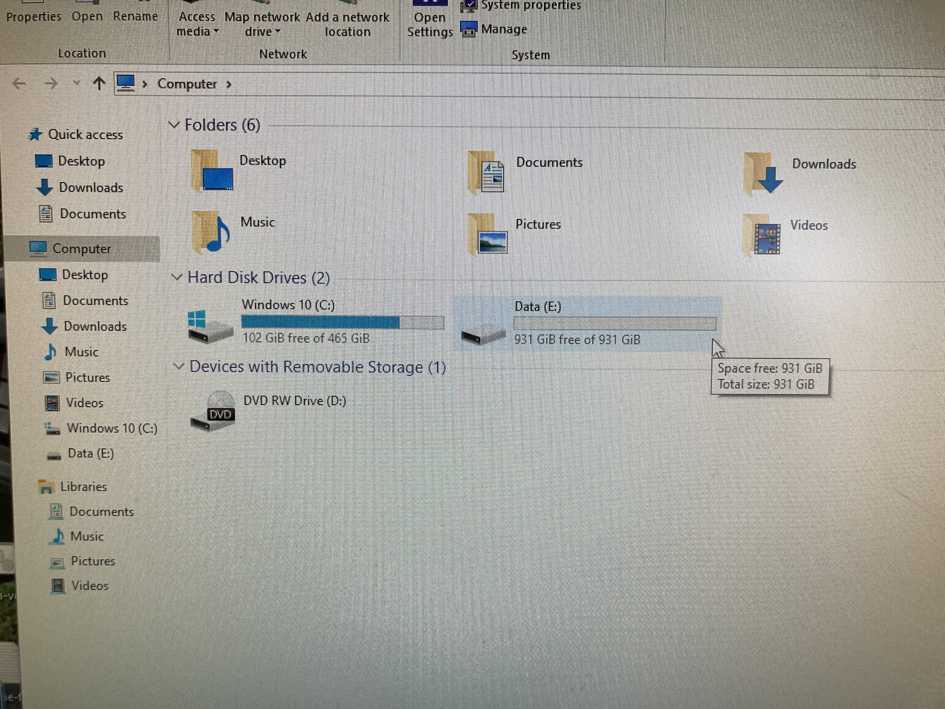 The second hard drive, formatted for Windows